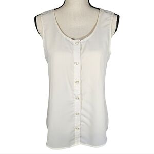 Mint Sleevless Scoop Neck Sheer Button Down Blouse, Ivory, Large